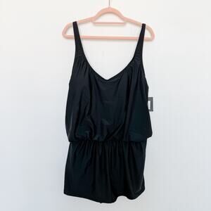 NWT Ellen Tracy One Piece Swim Romper Black Size 12 Black‎ Classic Resort Beach